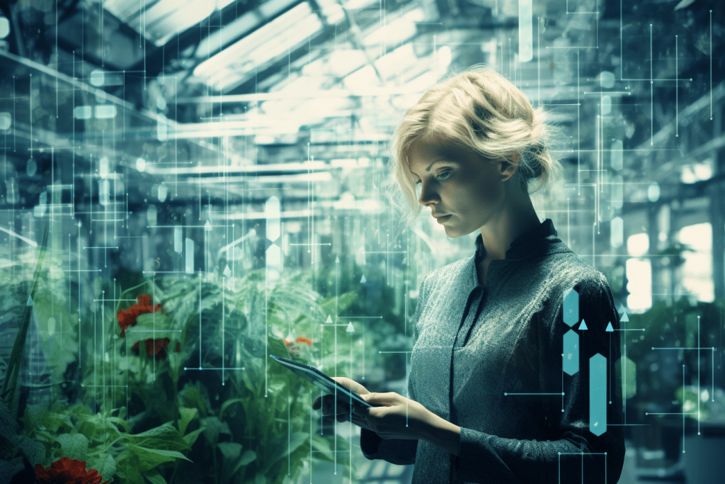 picture of woman in an advanced technology greenhouse overlayed with high tech imagery