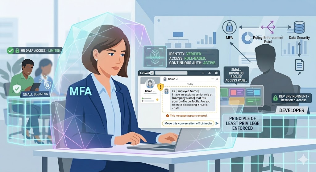 A professional woman in a business setting, using a laptop that displays a LinkedIn message from "Sarah J." asking about a job. The message is flagged with a yellow shield and caution triangle, and an orange text box that states, "This message appears unusual," and "Move this conversation off LinkedIn.